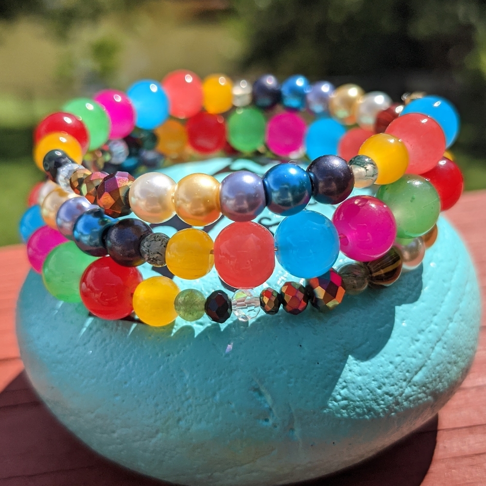Jasper Beads Bracelet Colorful Rainbow Handmade Memory Wire Jewelry Bright Color - Picture 2 of 11
